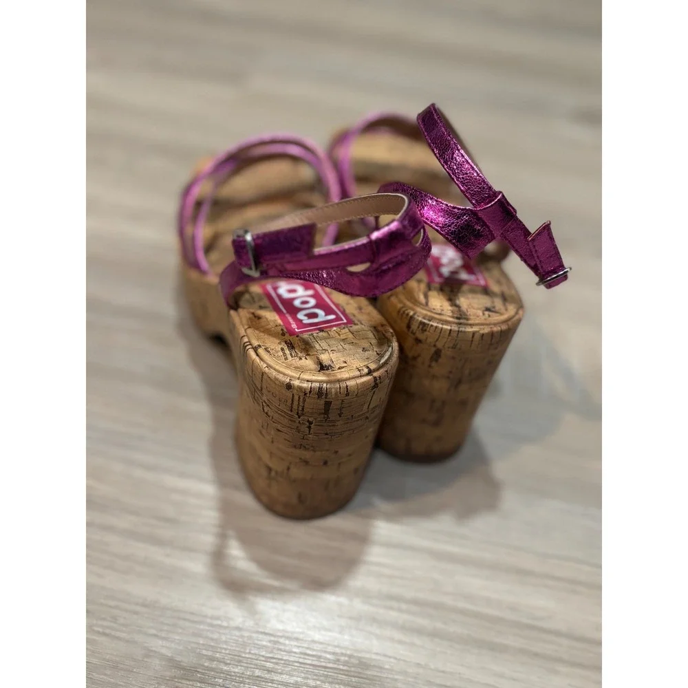 Pop Admission Womens Metallic Purple CorkPlatformWedgeSandals Size 11M SquareToe